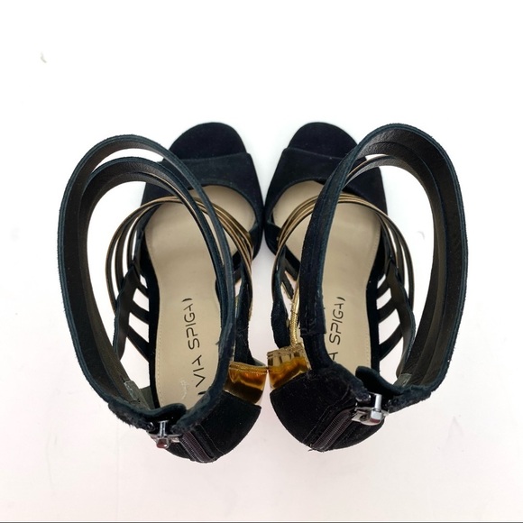 Via Spiga Suede Strap High Heel Sandal in Gold & Black - Picture 8 of 11